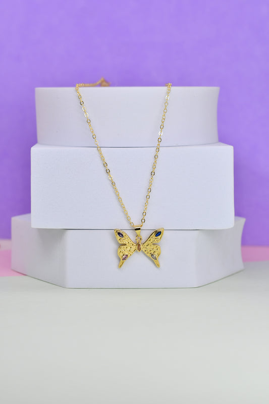 Engraved Butterfly Pendant Chain 18k Gold Plated Chain