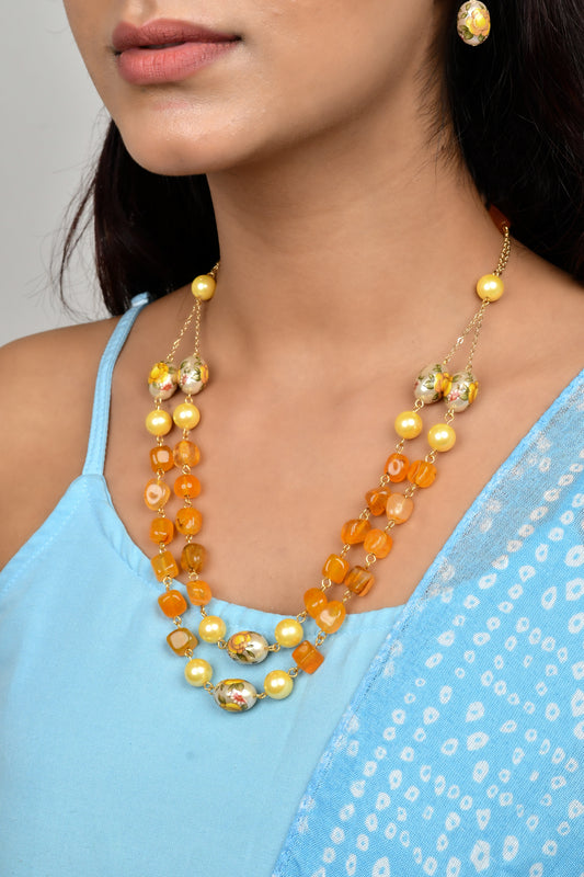 Floral Decal Beads Elegance Set with Japanese Pearl (Orange)