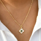 MOP Clover with Green Stone Pendant Chain