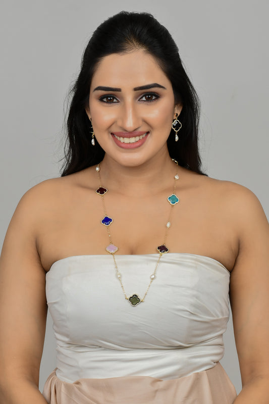 18k Micro plated Long Rainbow chain with pearls and clovers (multicolor chain)