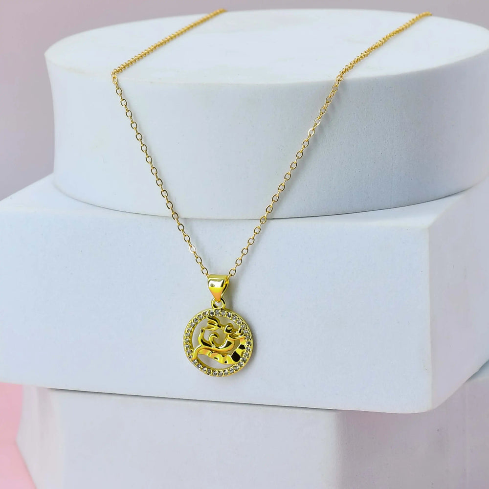 Gold Plated Chain with a Aquarius pendant on a white stand