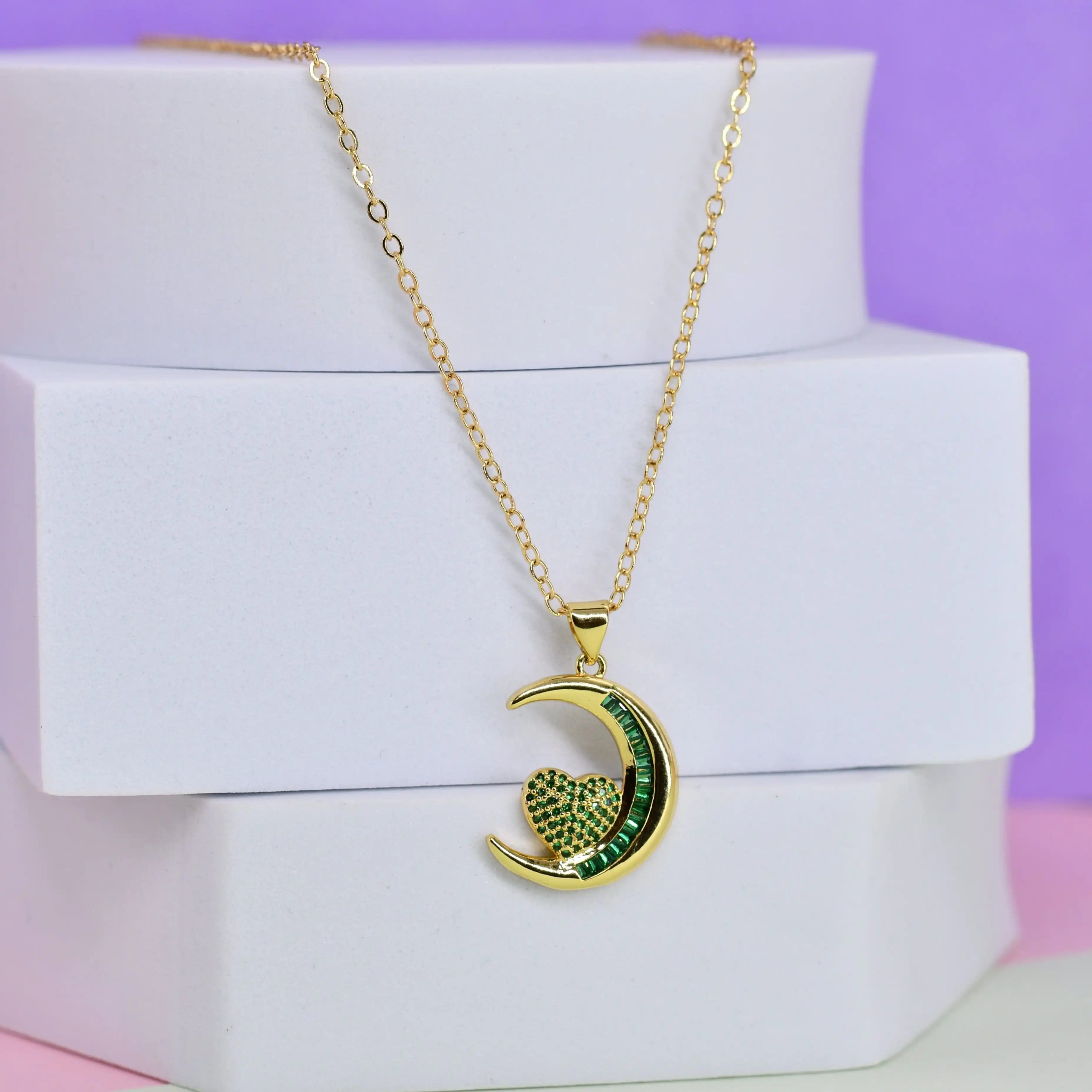 Crescent Moon & Heart Pendant Chain