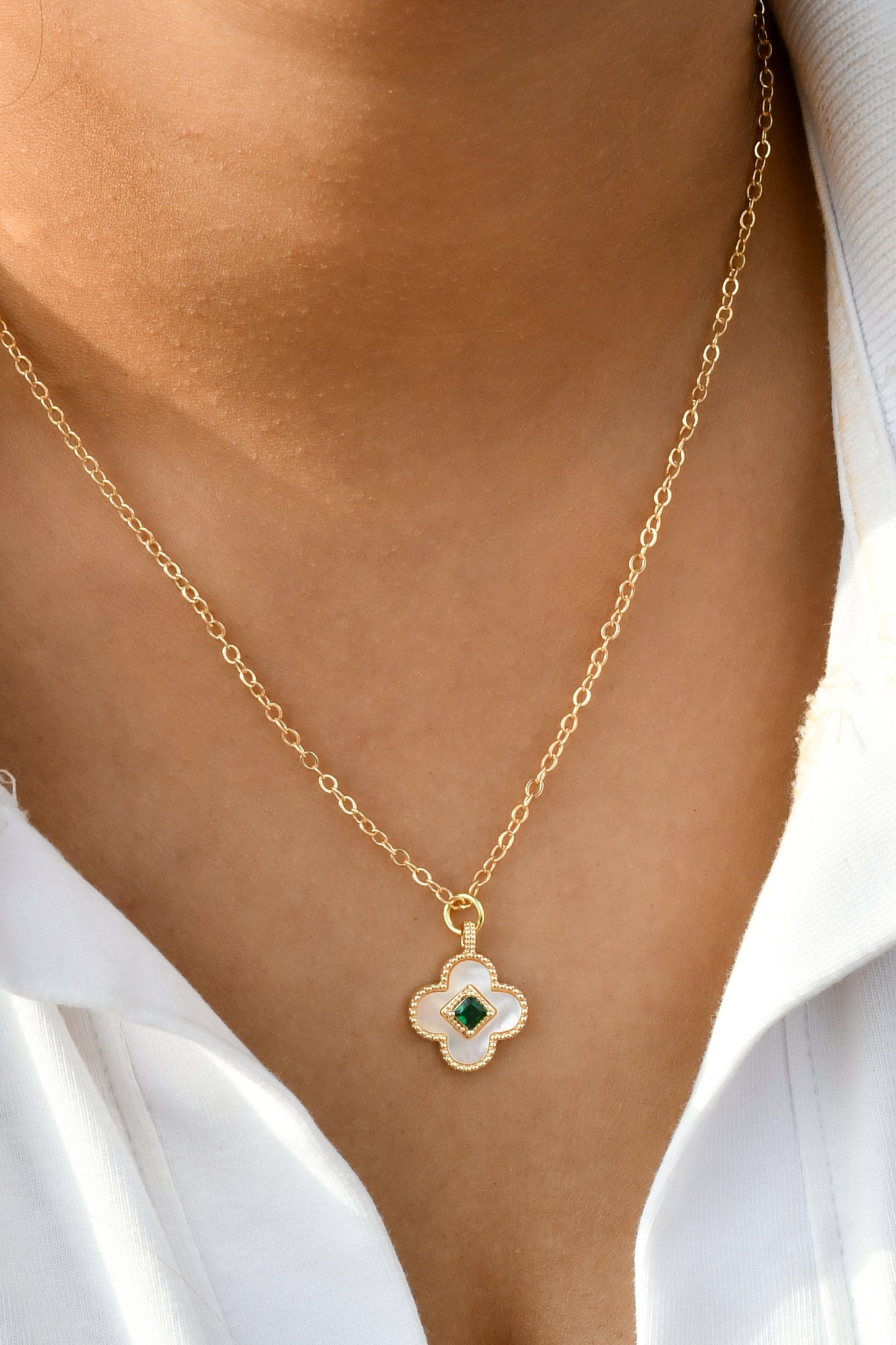 Mother of Pearl (MOP) Clover with Green Stone Necklace