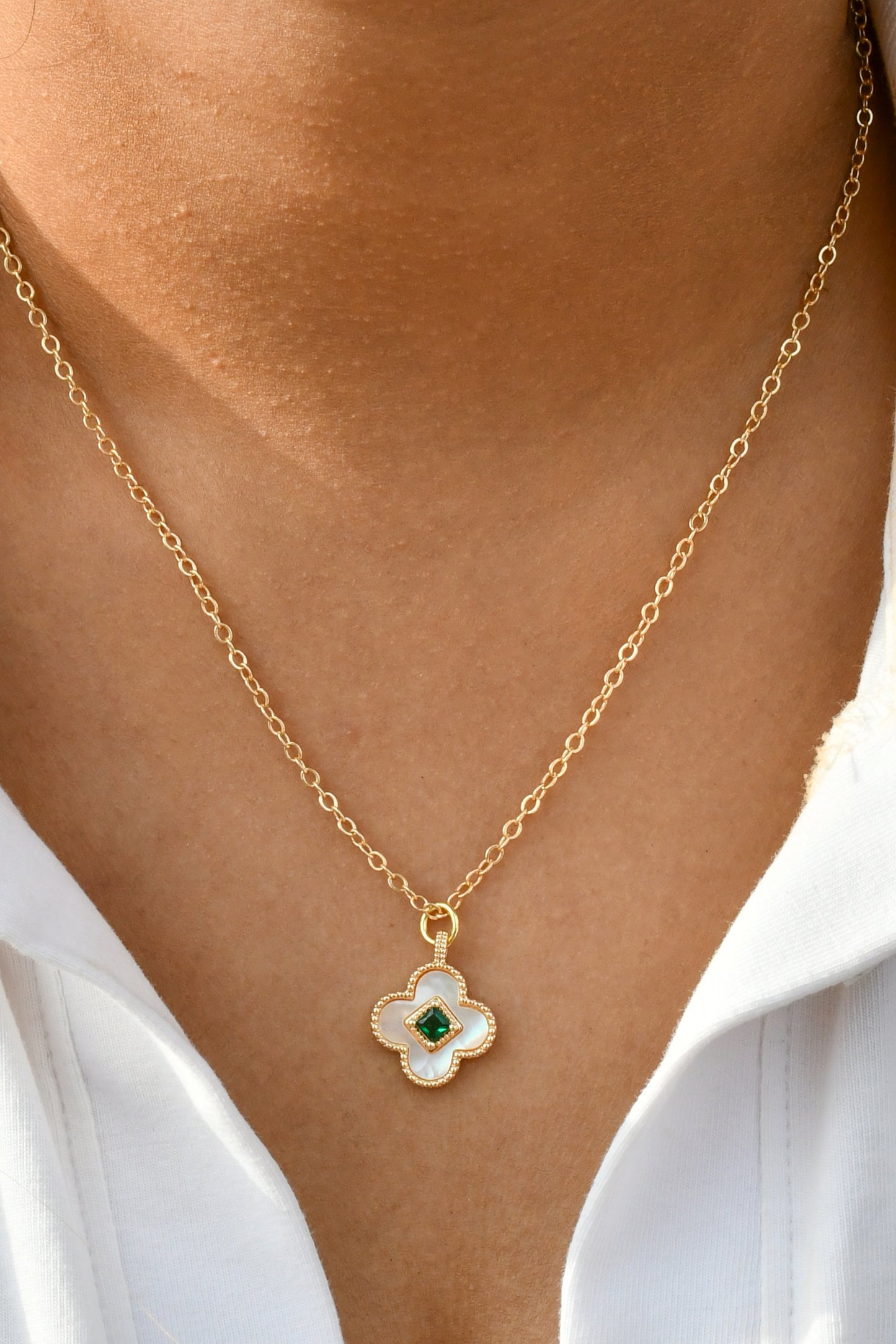 Mother of Pearl (MOP) Clover with Green Stone Necklace