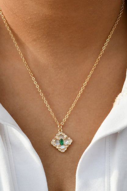 Designer Clover with Green Stone Chain Necklace