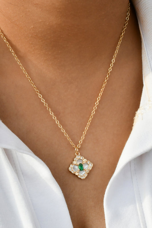 Designer Clover with Green Stone Chain Necklace