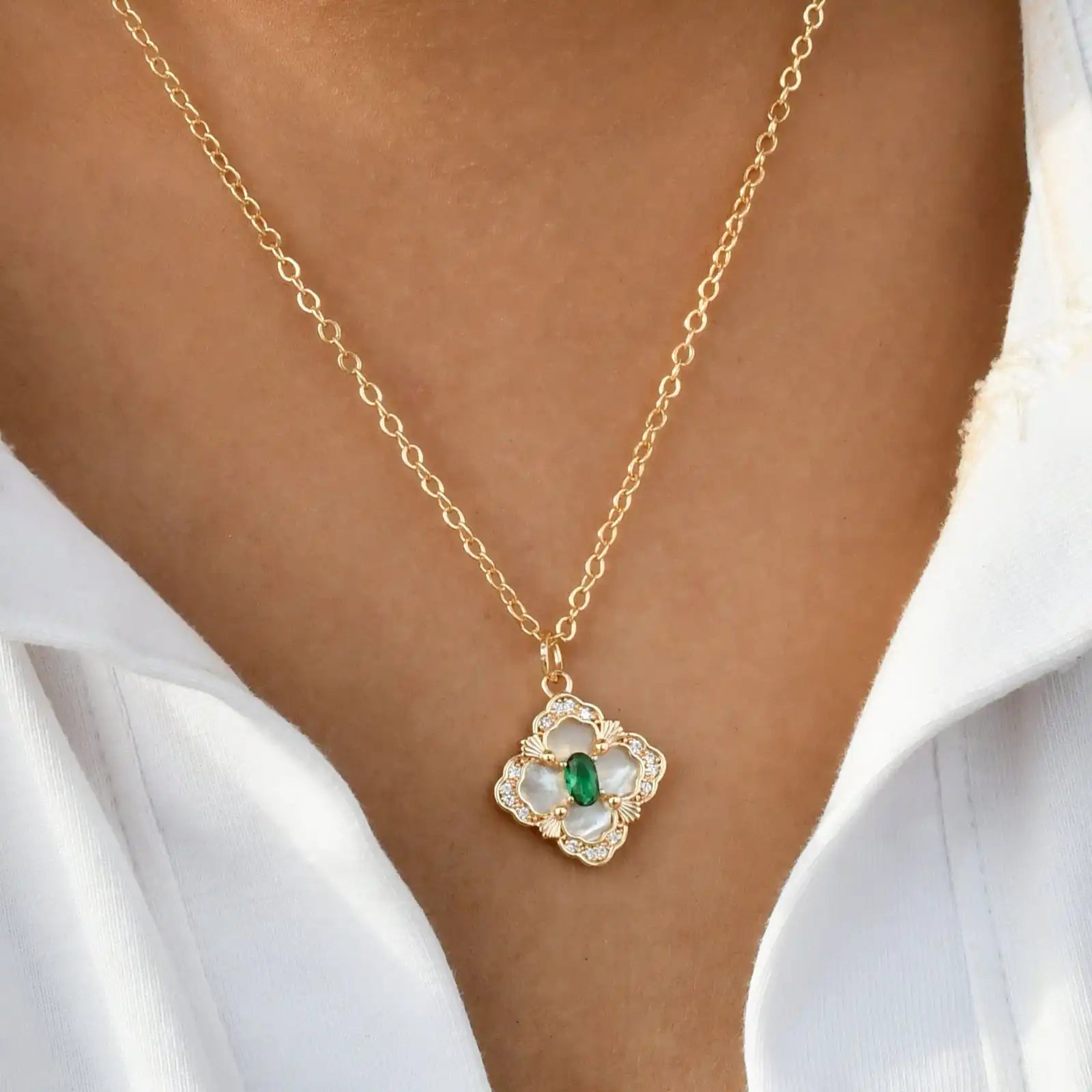 Designer Clover with Green Stone Pendant Chain