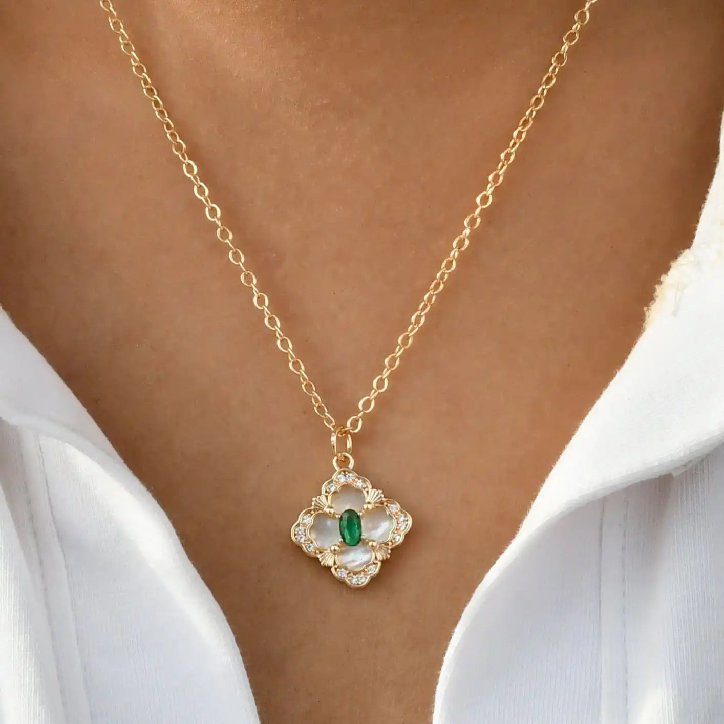 Designer Clover with Green Stone Pendant Chain