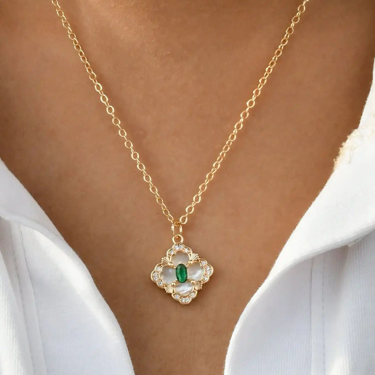 Designer Clover with Green Stone Pendant Chain