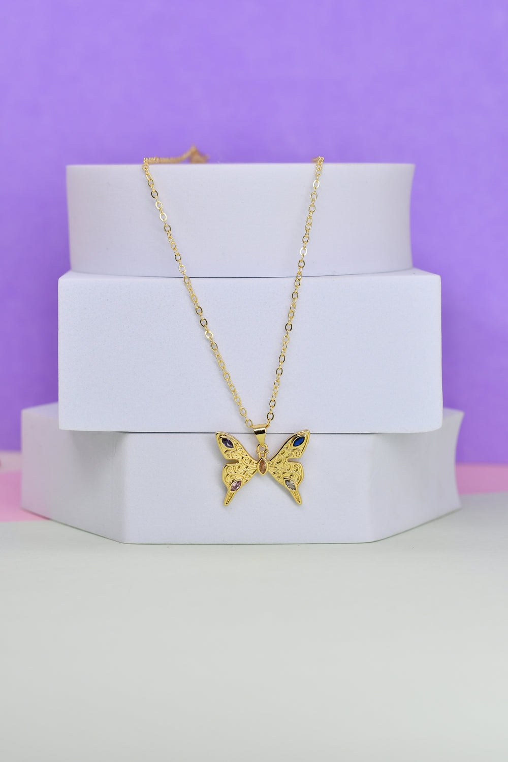 Engraved Butterfly Pendant Chain 18k Gold Plated Chain