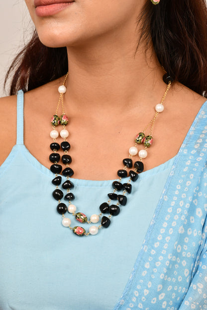 Floral Decal Beads Elegance Set with Japanese Pearl (Black)