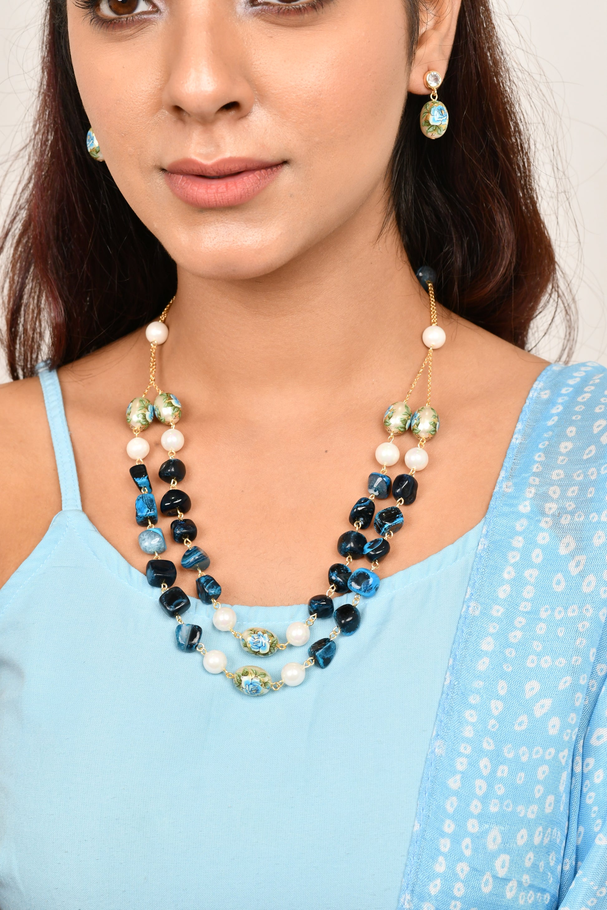 Floral Decal Beads Elegance Set with Japanese Pearl (Dark Blue)