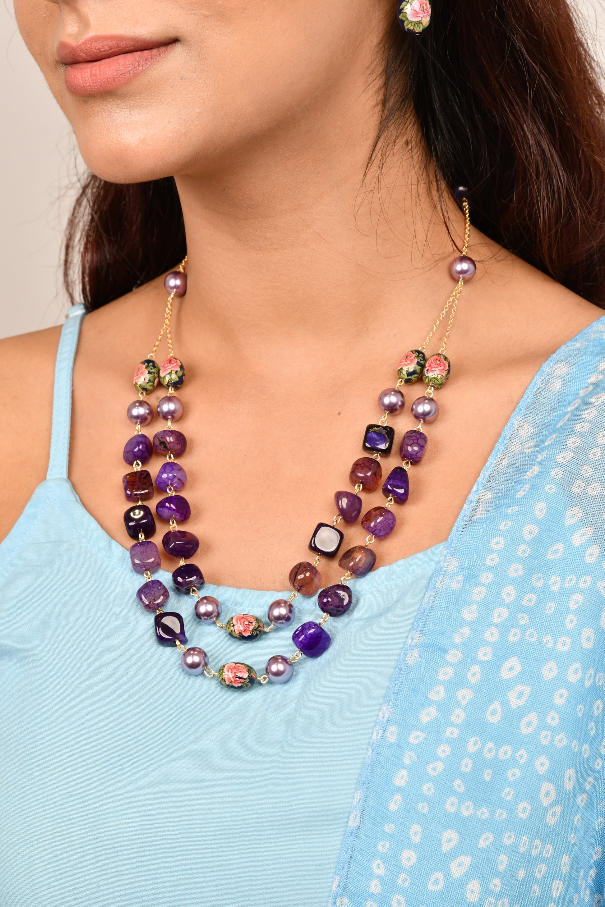 Floral Decal Beads Elegance Set with Japanese Pearl (Purple)