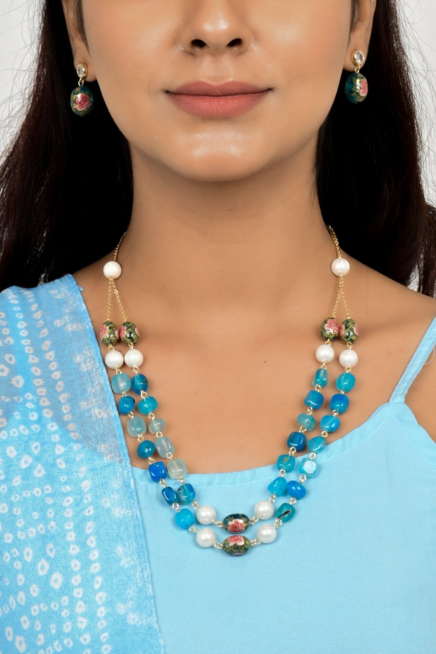 Floral Decal Beads Elegance Set with Japanese Pearl (Sky Blue)