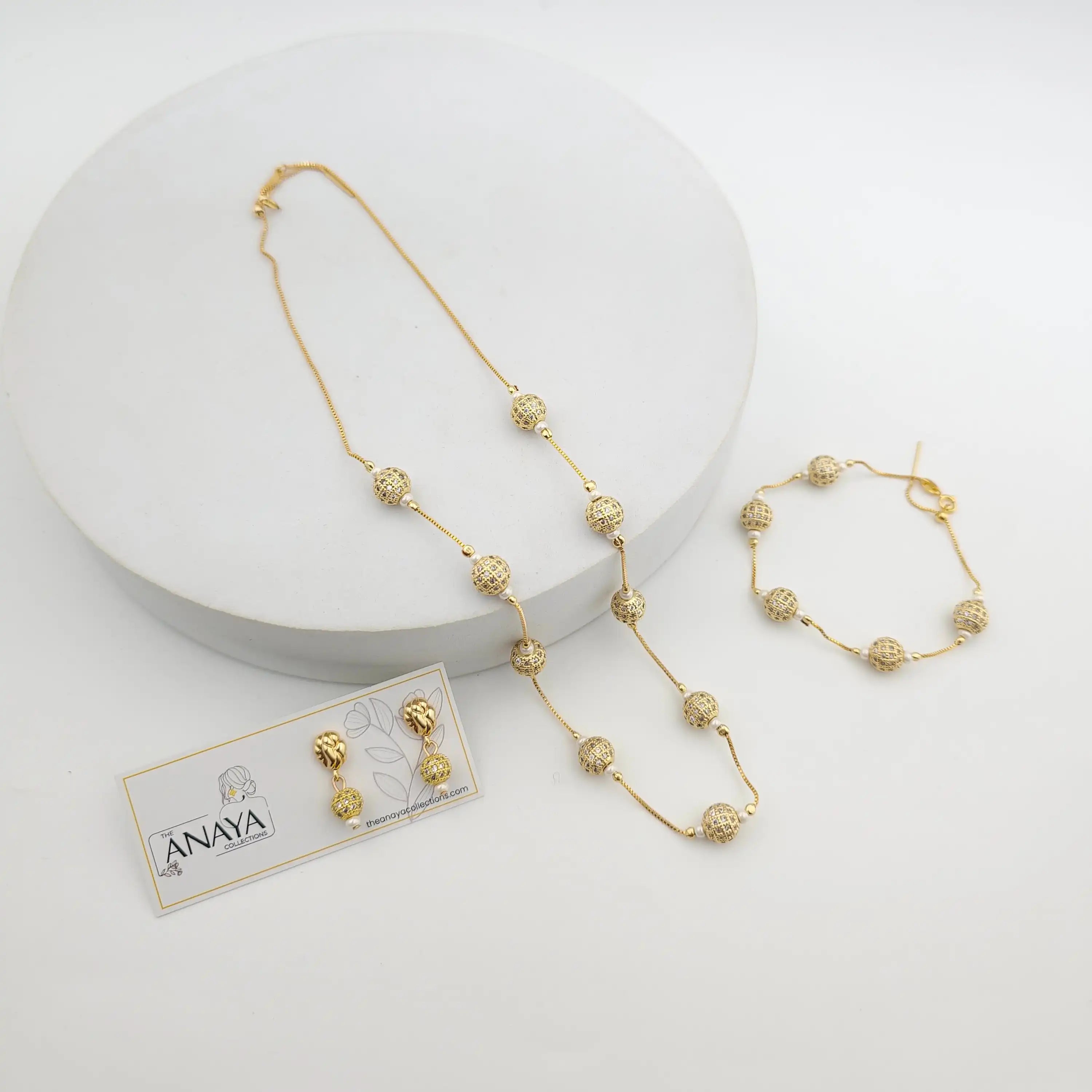 Golden CZ Ball Dainty Set With Bracelet