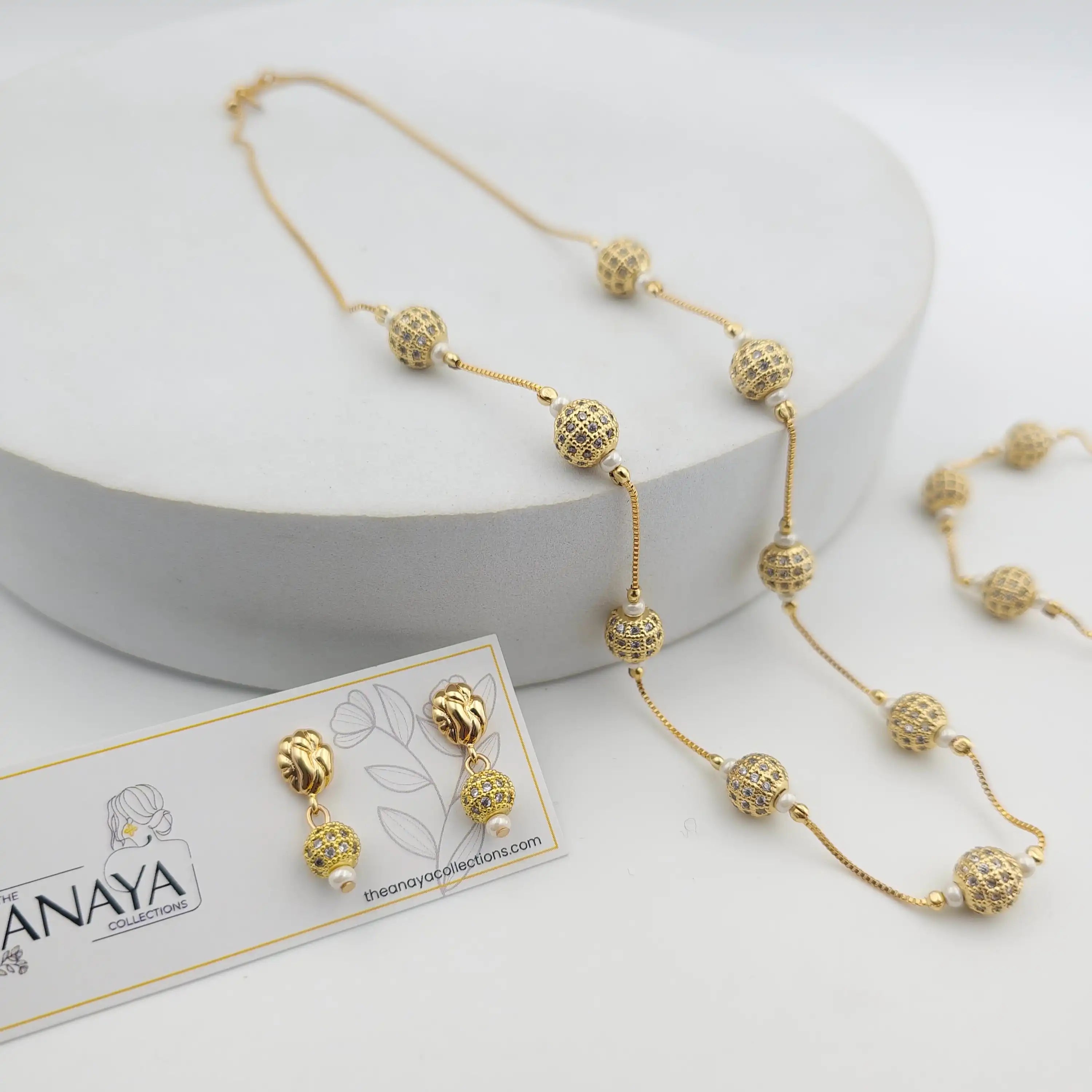 Golden CZ Ball Dainty Set With Bracelet