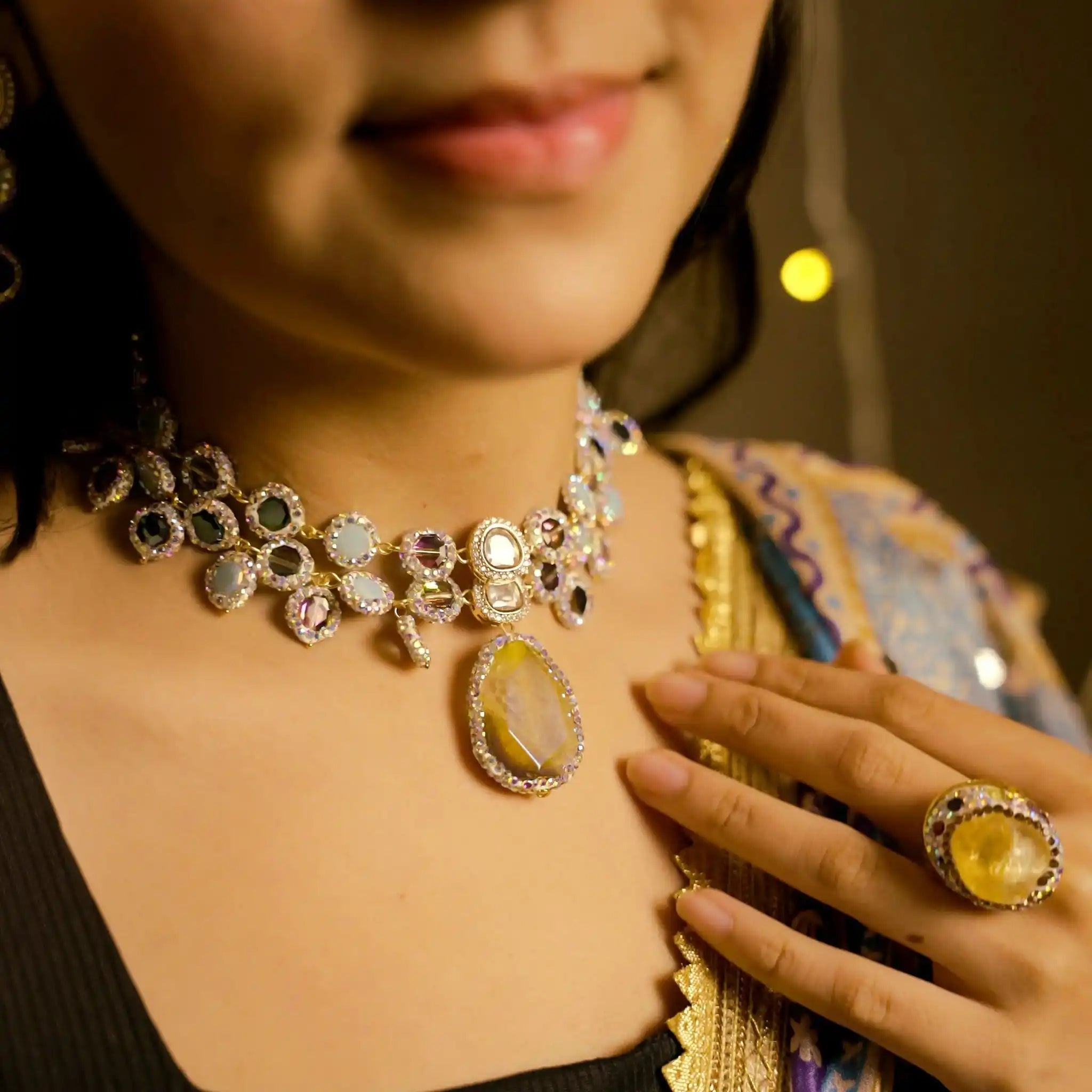 Marcasite Agate Crystal Glow Choker and Earrings Set