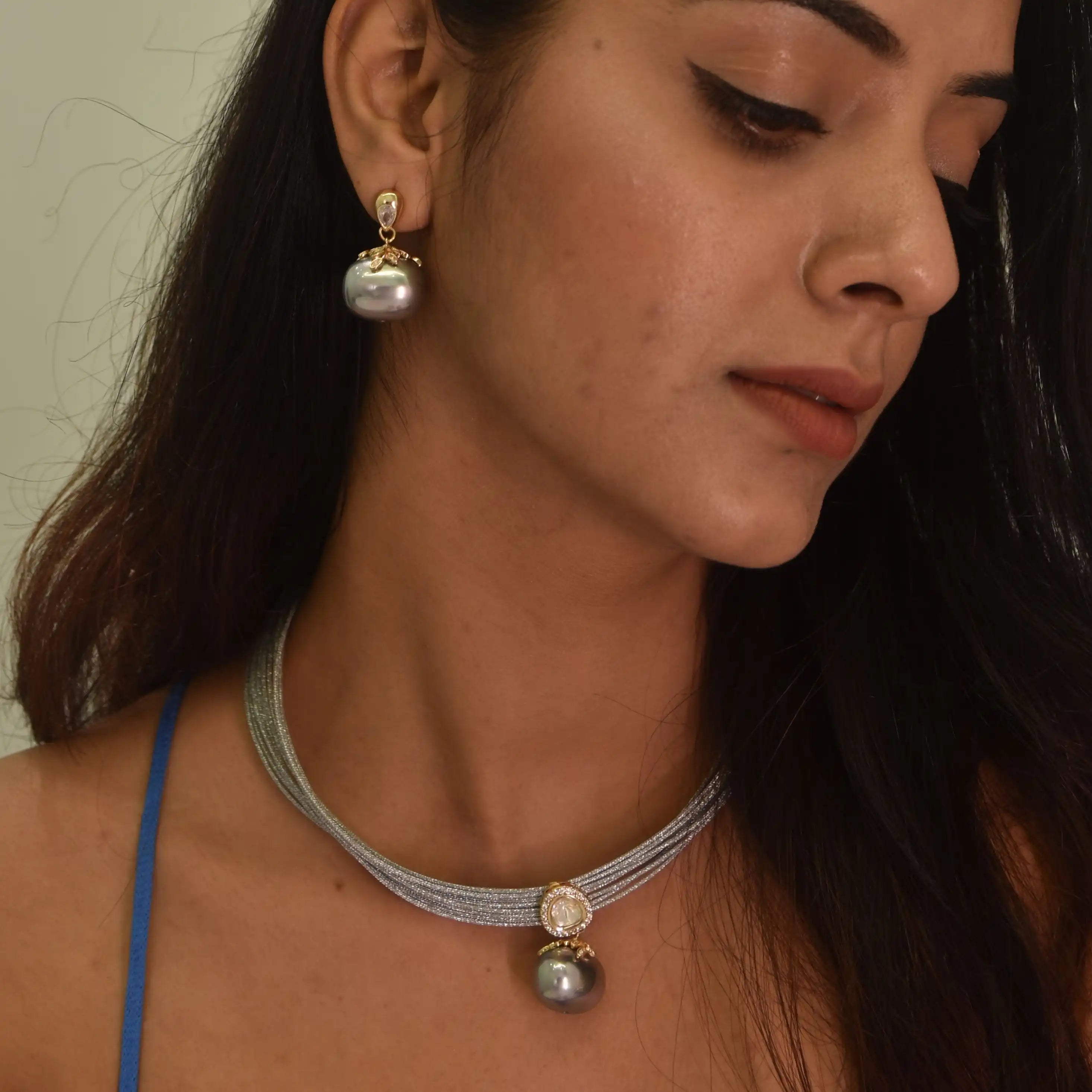 Mesh Wire Sterling Shell Pearl Pendant Set