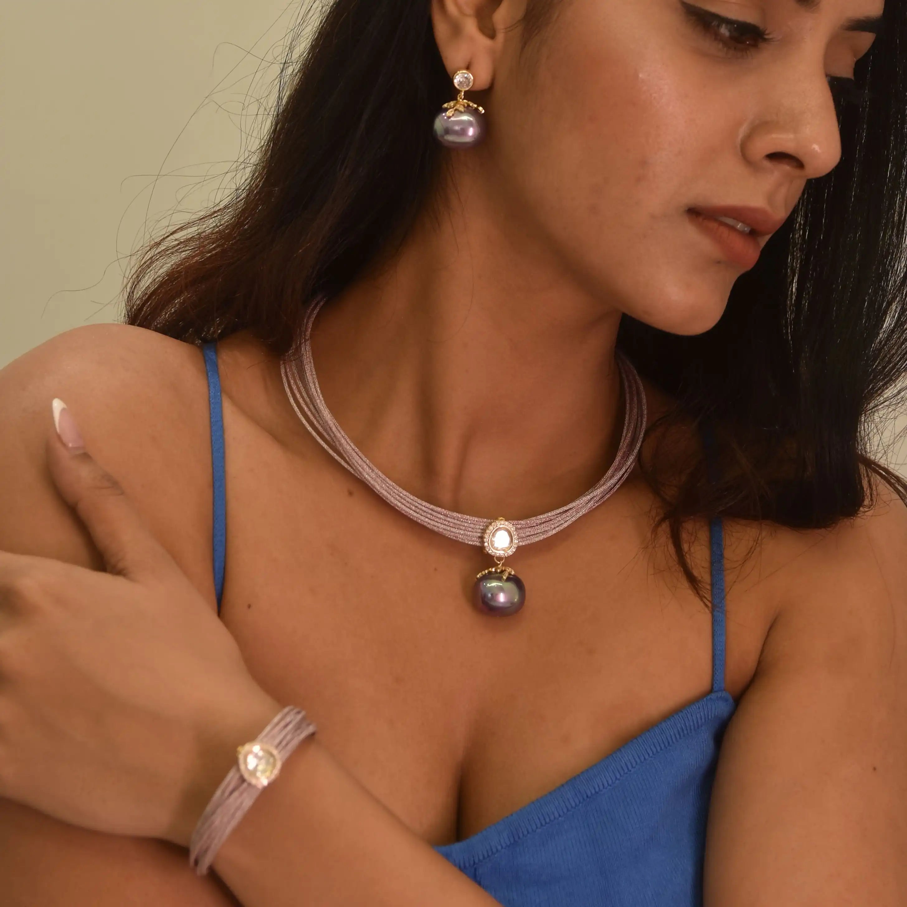 Mesh Wire Sterling Shell Pearl Pendant Set