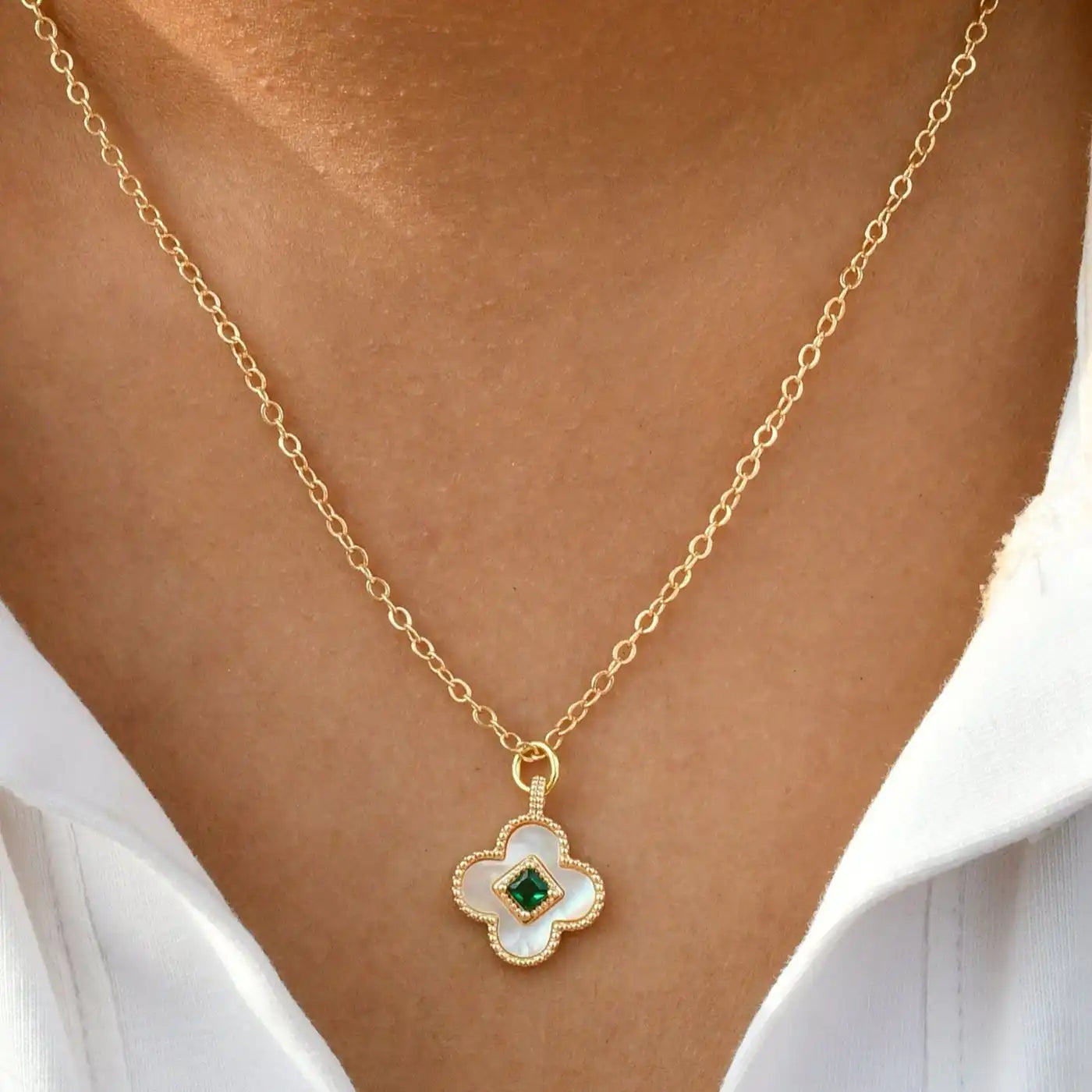 MOP Clover with Green Stone Pendant Chain