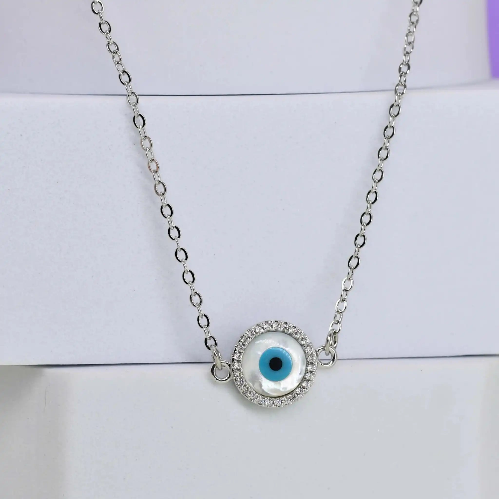 Silver MOP Evil Eye Pendant Chain