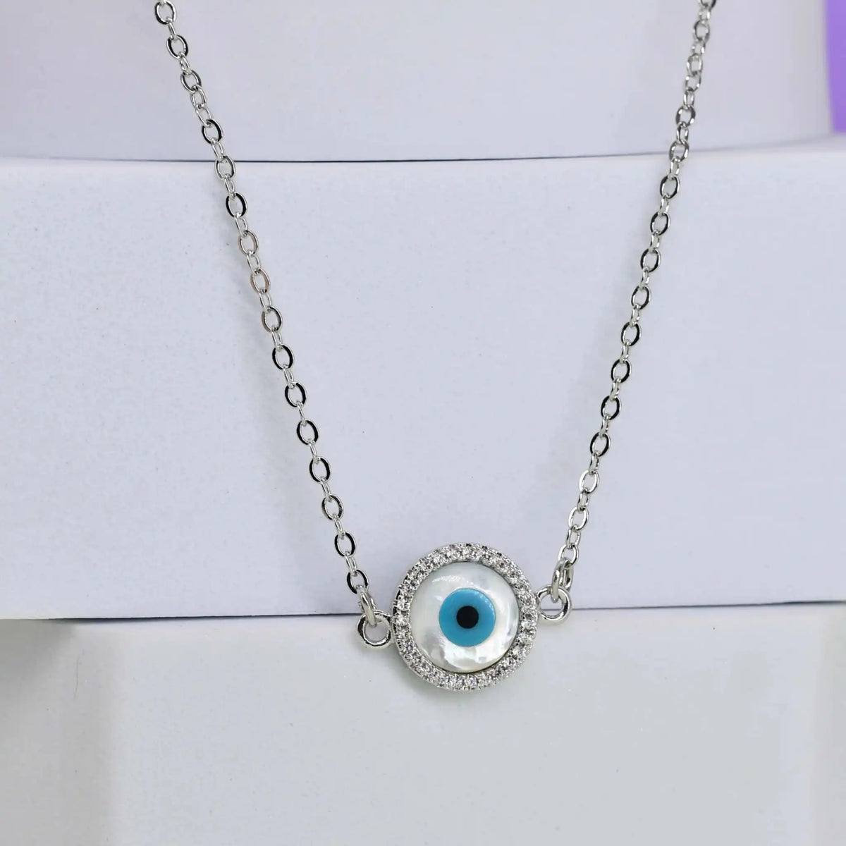 Silver MOP Evil Eye Pendant Chain